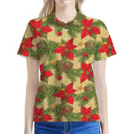 Vintage Christmas Poinsettia Print Women's Polo Shirt