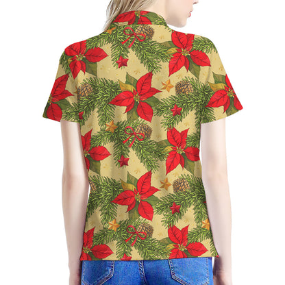 Vintage Christmas Poinsettia Print Women's Polo Shirt