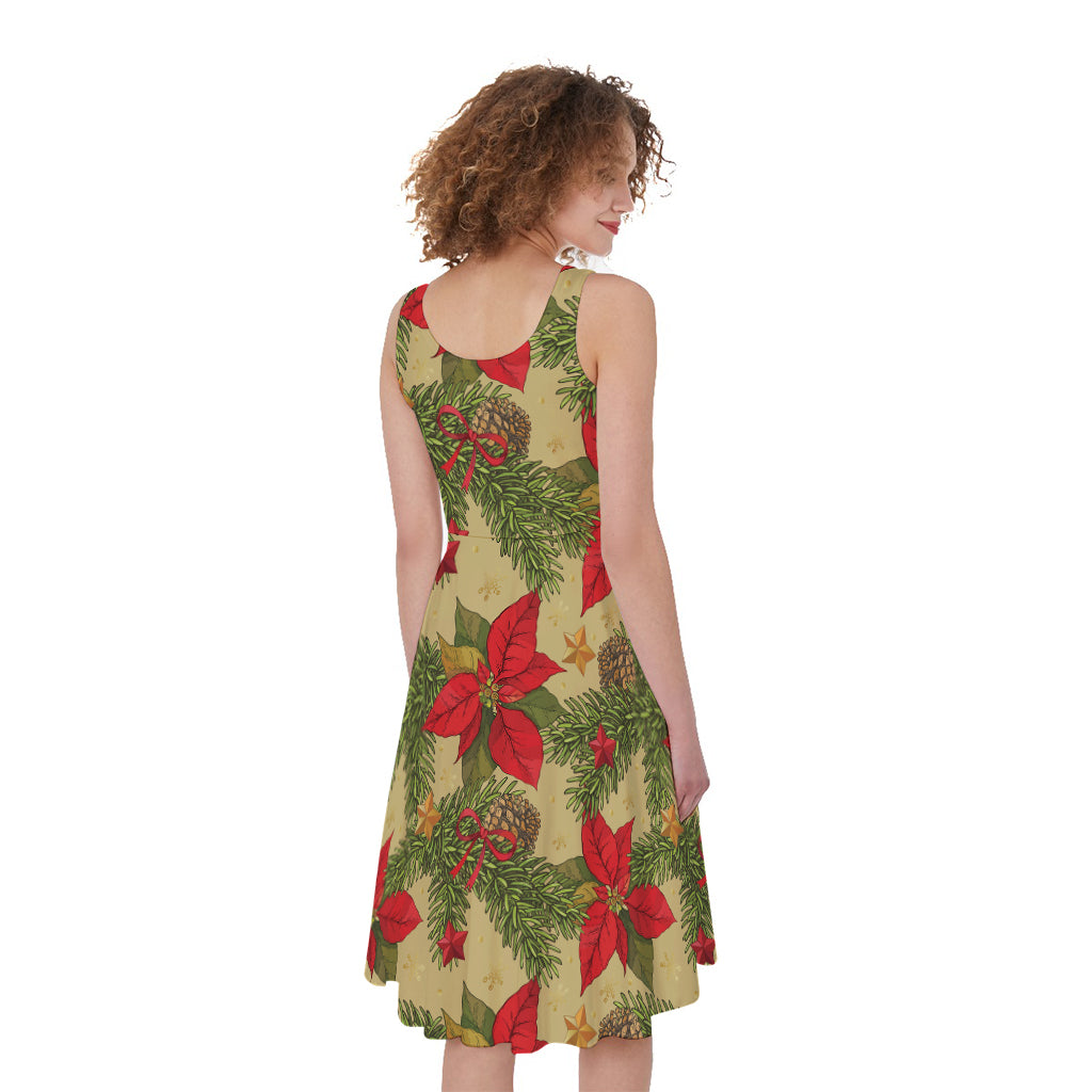 Vintage Christmas Poinsettia Print Sleeveless Knee Length Dress – GearFrost