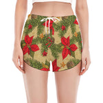 Vintage Christmas Poinsettia Print Women's Split Running Shorts
