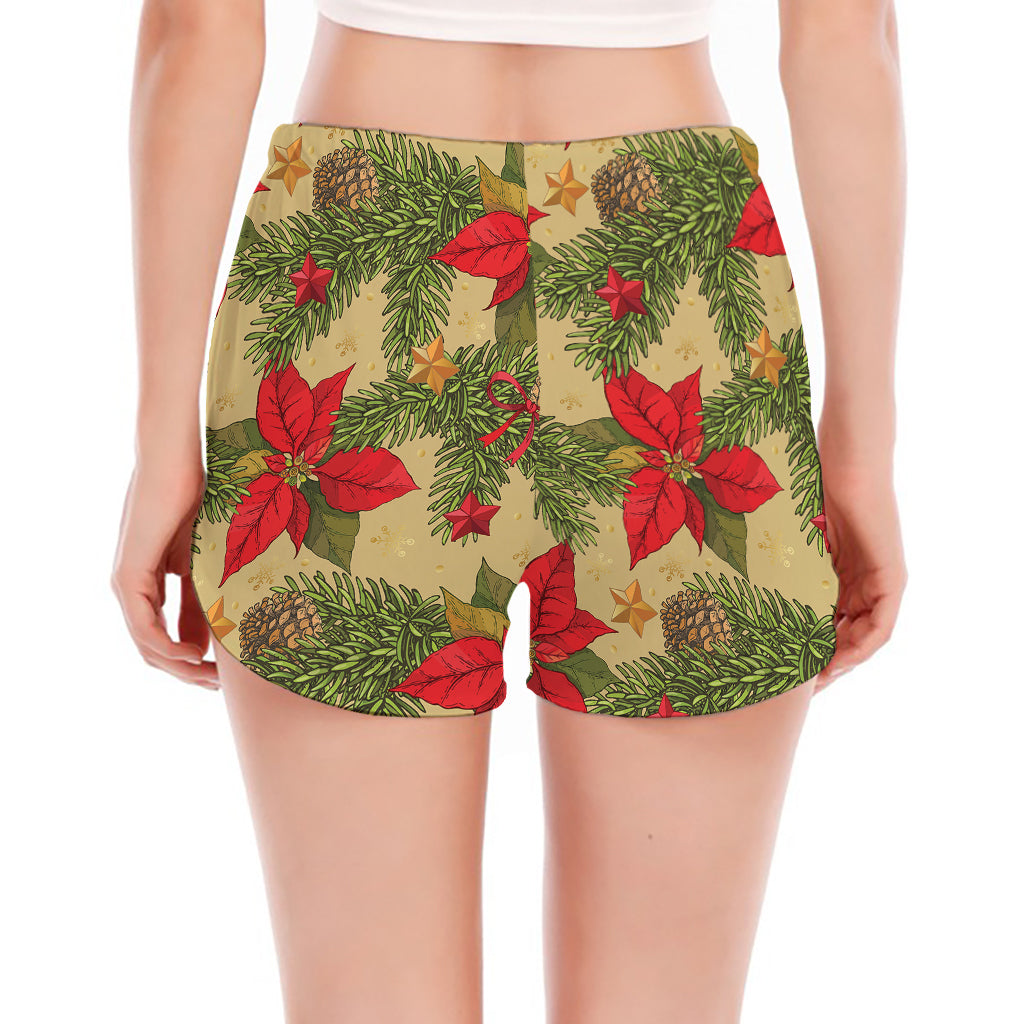 Vintage Christmas Poinsettia Print Women's Split Running Shorts