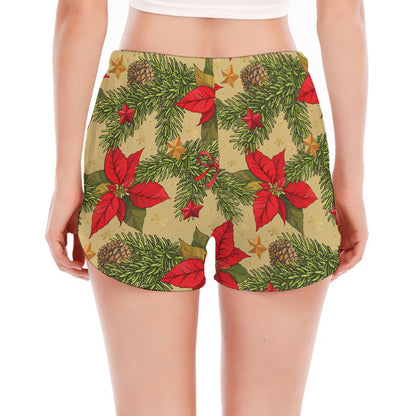 Vintage Christmas Poinsettia Print Women's Split Running Shorts