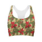 Vintage Christmas Poinsettia Print Women's Sports Bra