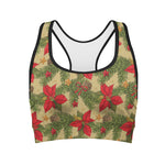 Vintage Christmas Poinsettia Print Women's Sports Bra