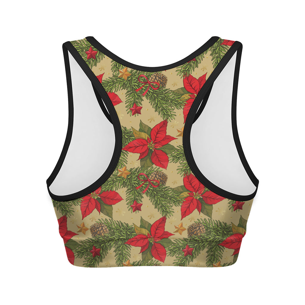 Vintage Christmas Poinsettia Print Women's Sports Bra