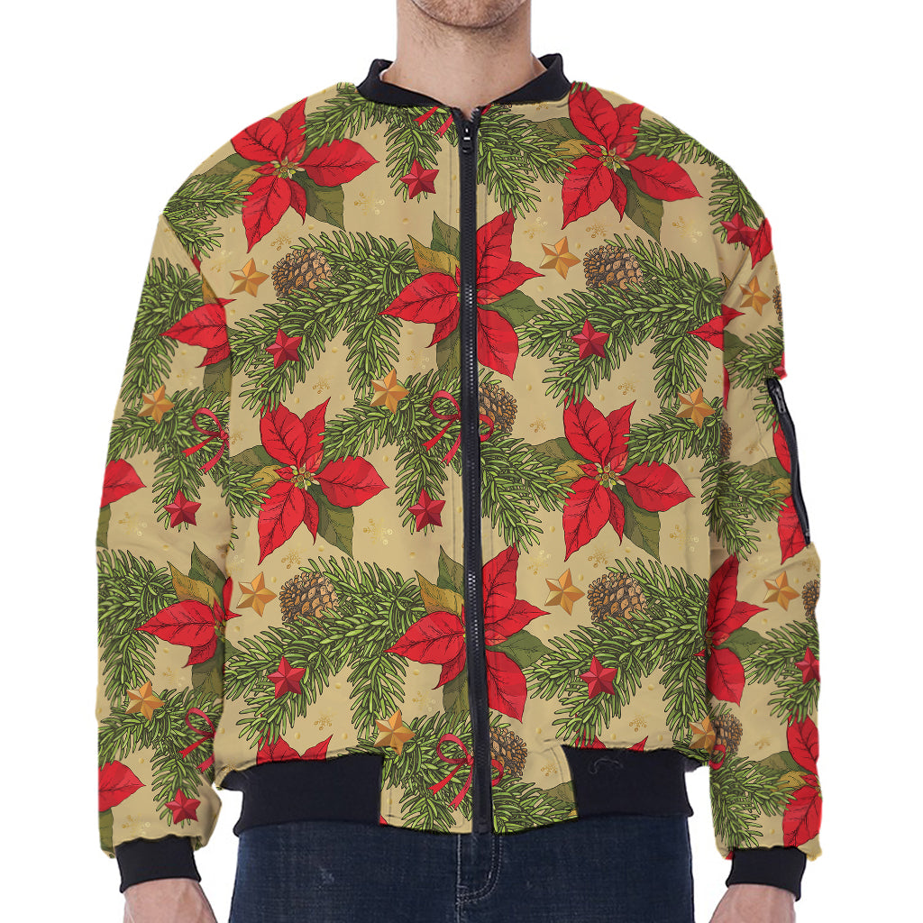 Vintage Christmas Poinsettia Print Zip Sleeve Bomber Jacket