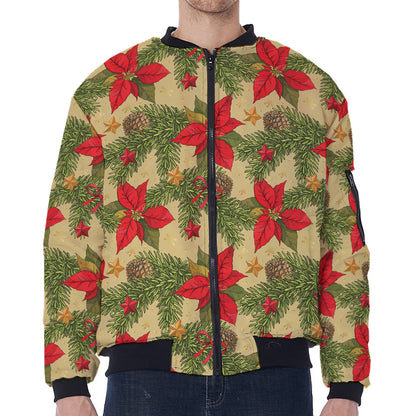 Vintage Christmas Poinsettia Print Zip Sleeve Bomber Jacket