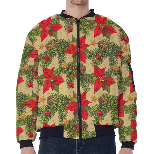Vintage Christmas Poinsettia Print Zip Sleeve Bomber Jacket