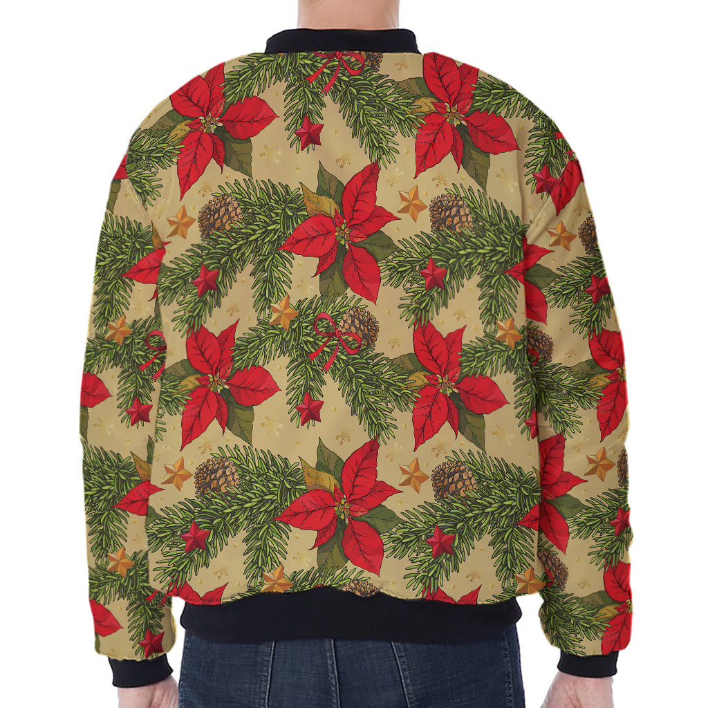 Vintage Christmas Poinsettia Print Zip Sleeve Bomber Jacket
