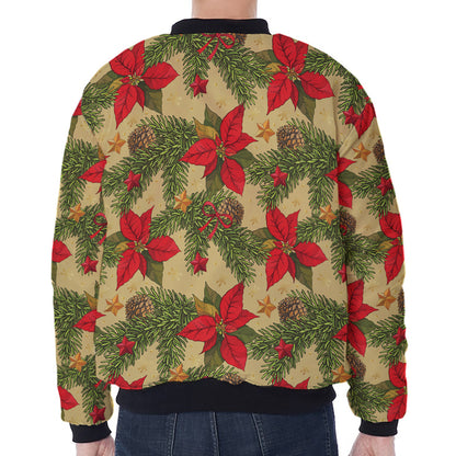 Vintage Christmas Poinsettia Print Zip Sleeve Bomber Jacket