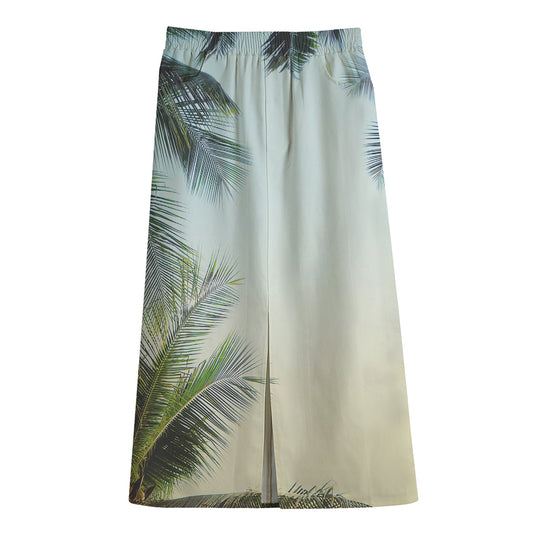 Vintage Coconut Tree Print Cotton Front Slit Maxi Skirt