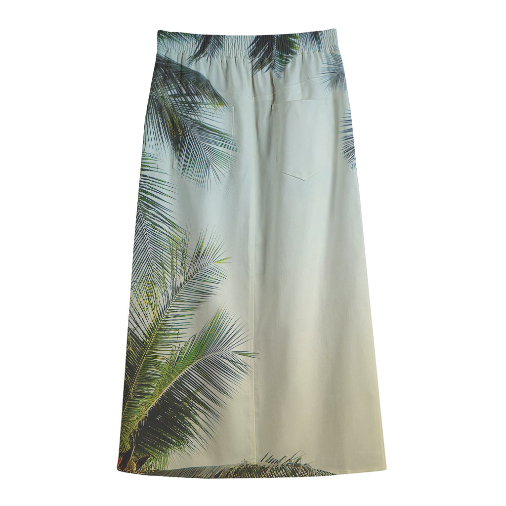 Vintage Coconut Tree Print Cotton Front Slit Maxi Skirt