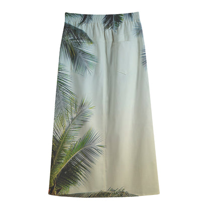 Vintage Coconut Tree Print Cotton Front Slit Maxi Skirt