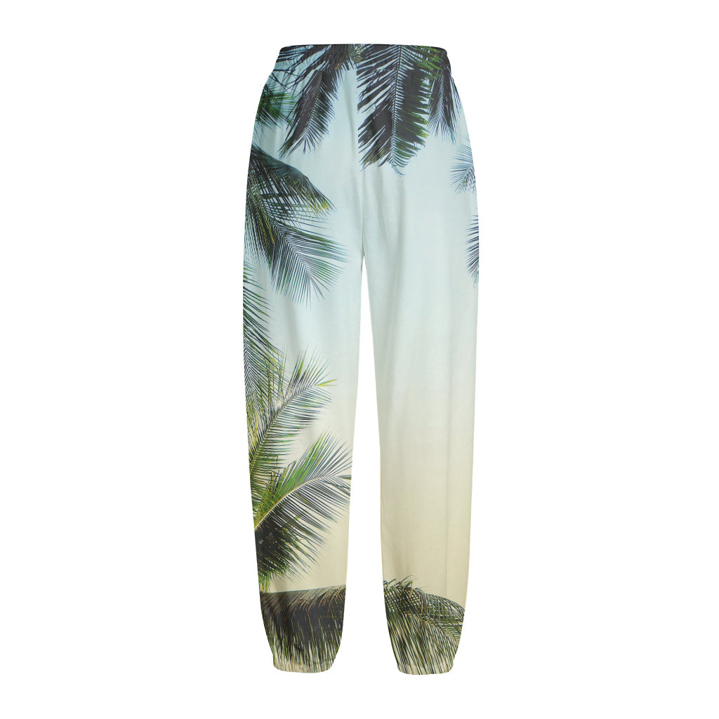 Vintage Coconut Tree Print Fleece Lined Knit Pants