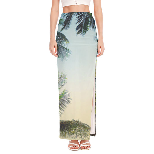 Vintage Coconut Tree Print High Slit Maxi Skirt
