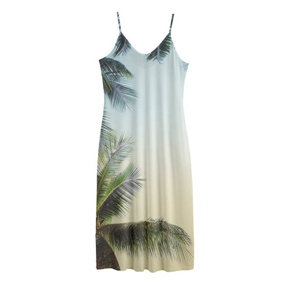 Vintage Coconut Tree Print Jersey Midi Cami Dress