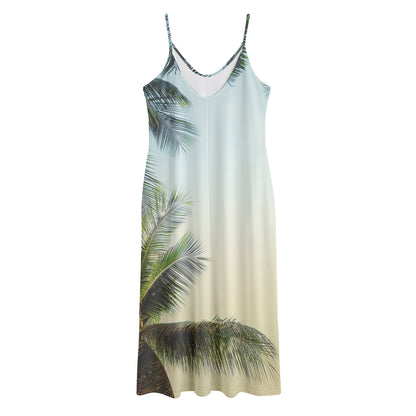 Vintage Coconut Tree Print Jersey Midi Cami Dress