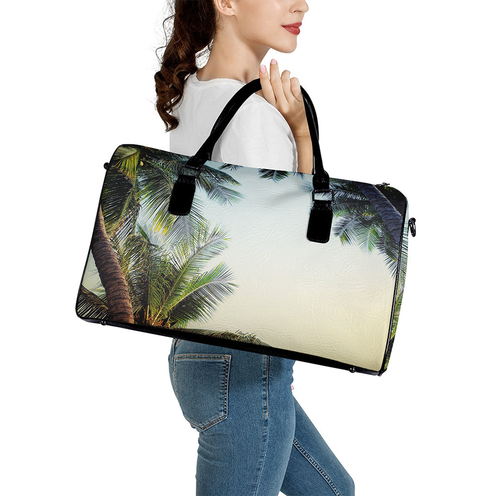 Vintage Coconut Tree Print Leather Duffle Bag