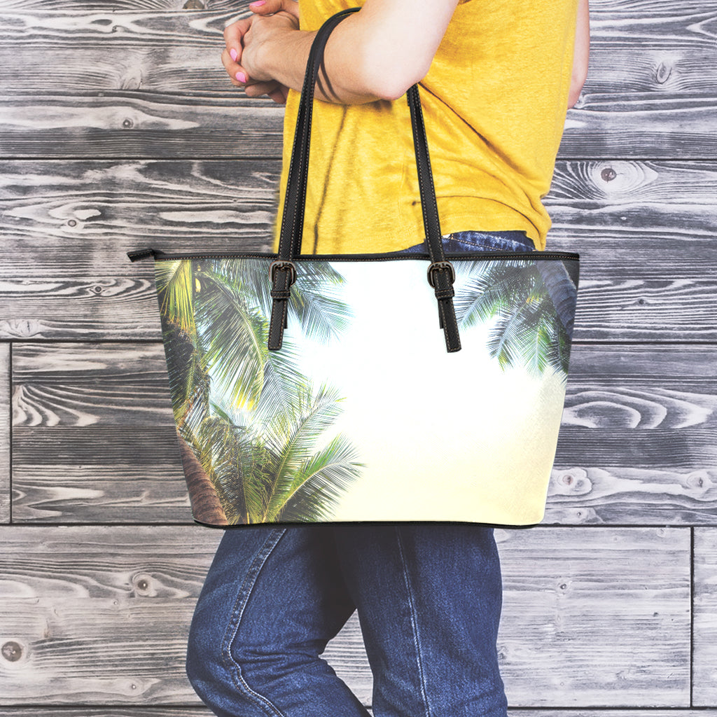 Vintage Coconut Tree Print Leather Tote Bag