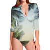 Vintage Coconut Tree Print Long Sleeve Swimsuit