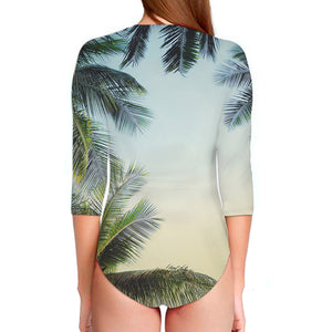 Vintage Coconut Tree Print Long Sleeve Swimsuit