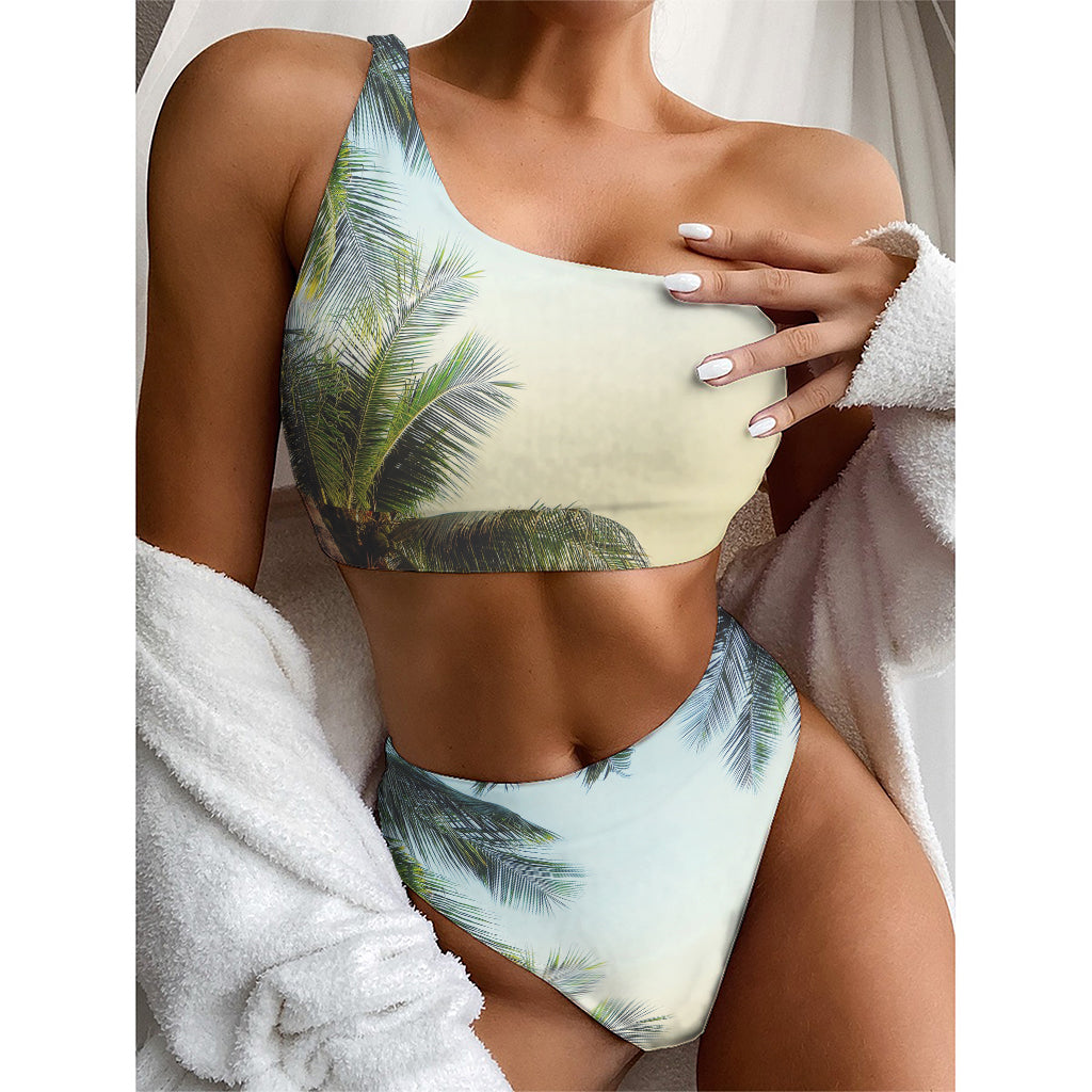 Vintage Coconut Tree Print One Shoulder Bikini Top