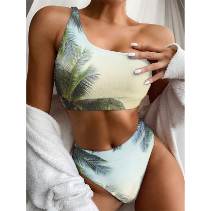 Vintage Coconut Tree Print One Shoulder Bikini Top