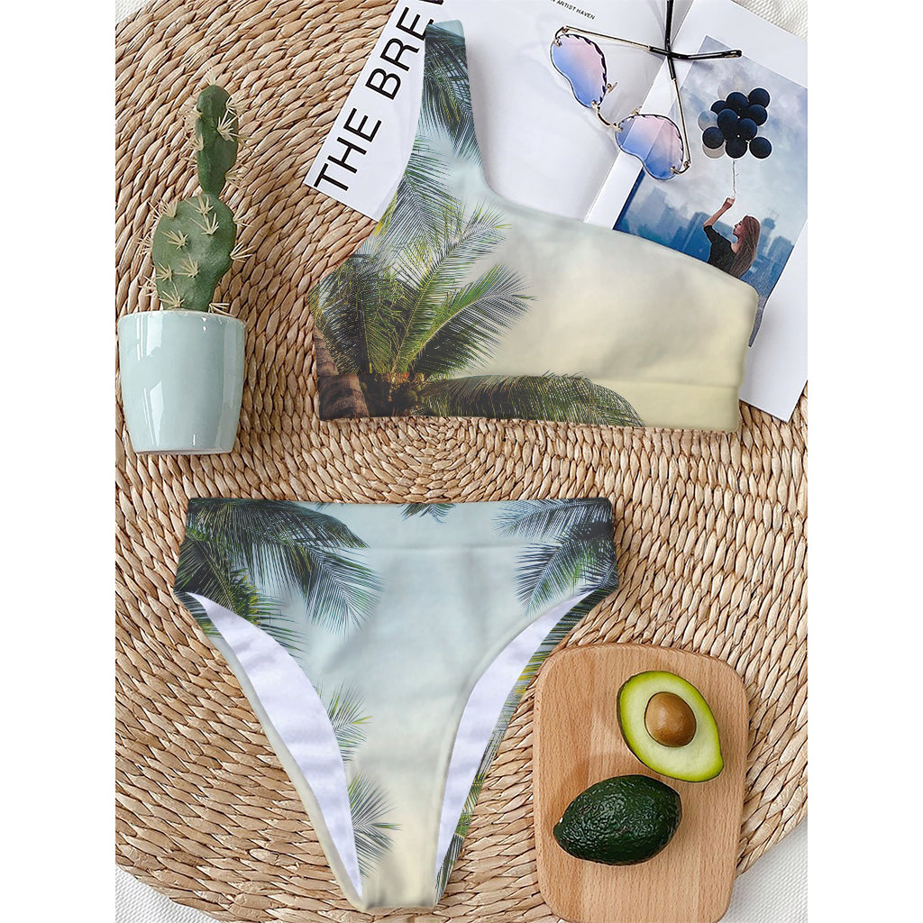 Vintage Coconut Tree Print One Shoulder Bikini Top