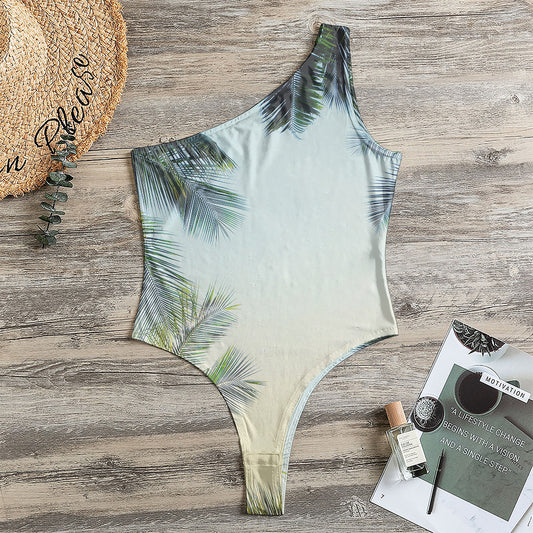 Vintage Coconut Tree Print One Shoulder Bodysuit