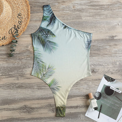 Vintage Coconut Tree Print One Shoulder Bodysuit