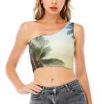 Vintage Coconut Tree Print One Shoulder Crop Top