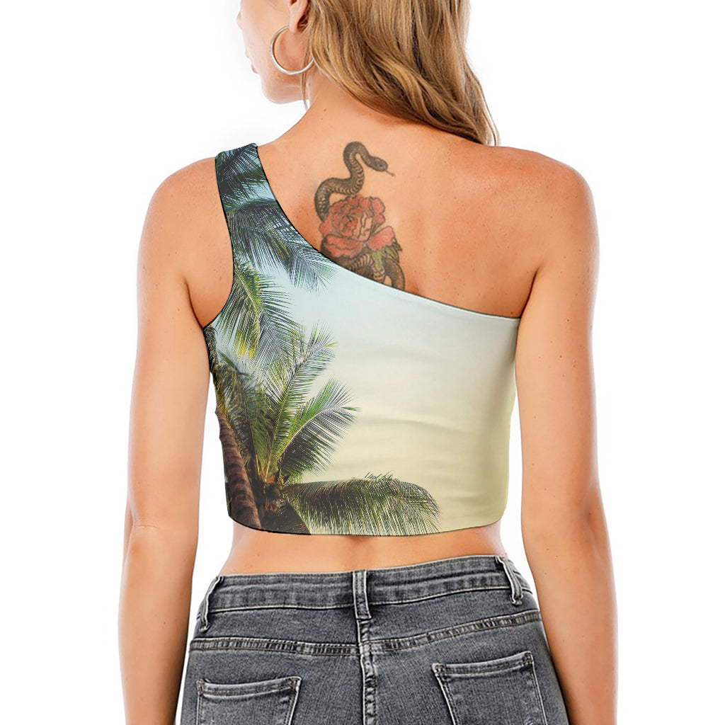 Vintage Coconut Tree Print One Shoulder Crop Top
