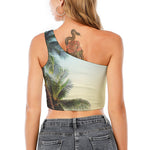 Vintage Coconut Tree Print One Shoulder Crop Top