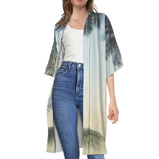 Vintage Coconut Tree Print Open Front Beach Cover Up