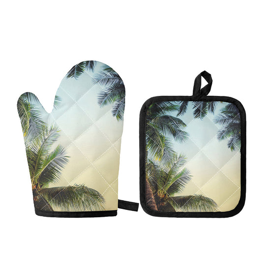 Vintage Coconut Tree Print Oven Mitt And Pot Holder Set