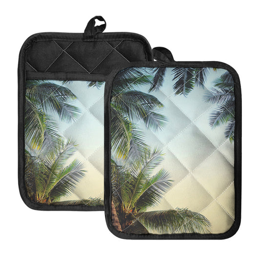 Vintage Coconut Tree Print Pot Holders With Pocket