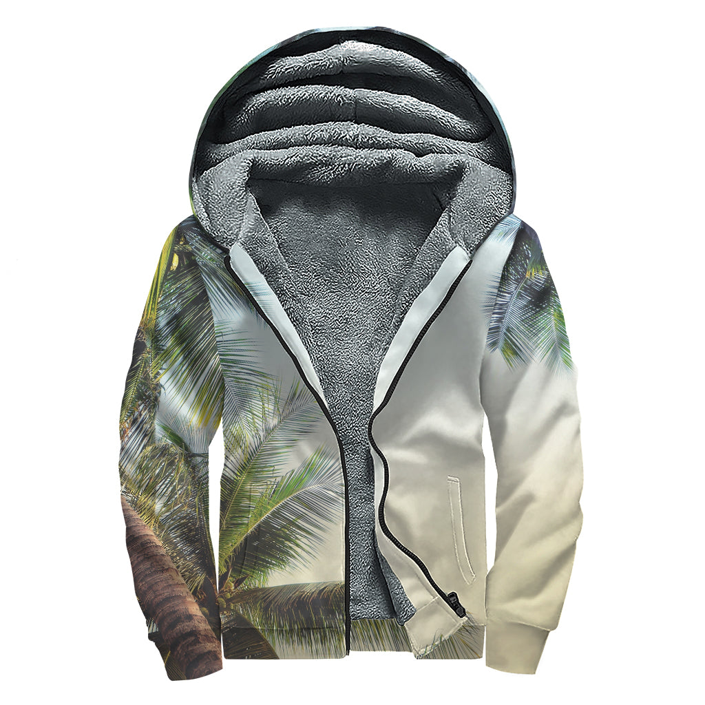 Vintage Coconut Tree Print Sherpa Lined Zip Up Hoodie