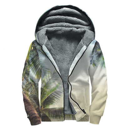 Vintage Coconut Tree Print Sherpa Lined Zip Up Hoodie
