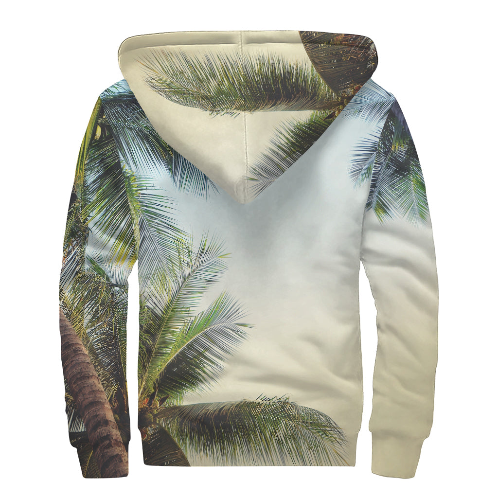 Vintage Coconut Tree Print Sherpa Lined Zip Up Hoodie
