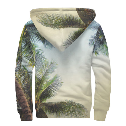 Vintage Coconut Tree Print Sherpa Lined Zip Up Hoodie