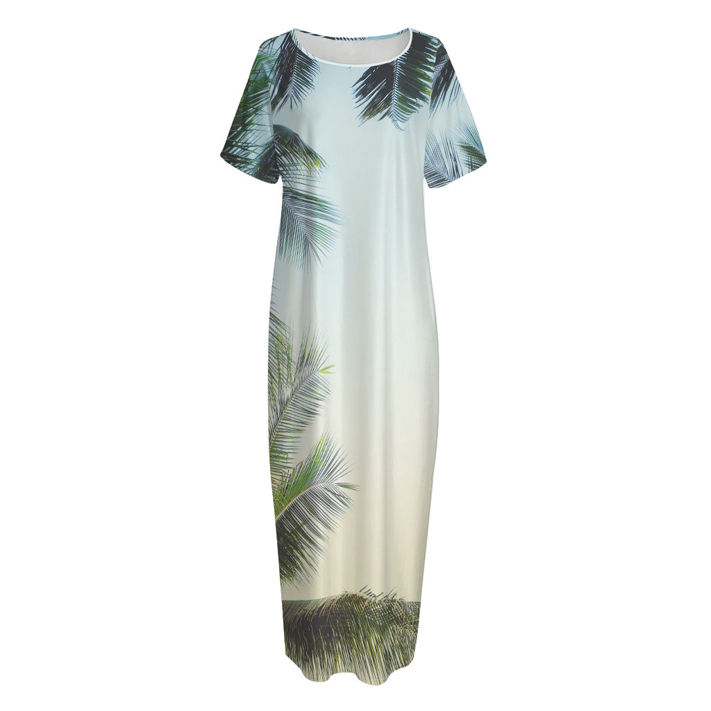 Vintage Coconut Tree Print Short Sleeve Long Nightdress