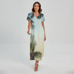 Vintage Coconut Tree Print Short Sleeve Maxi Dress