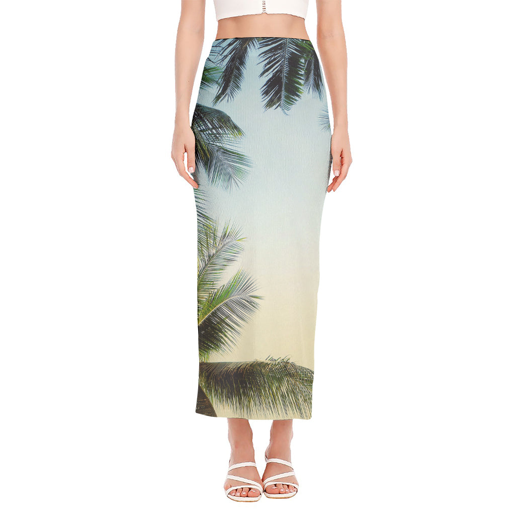 Vintage Coconut Tree Print Side Slit Maxi Skirt