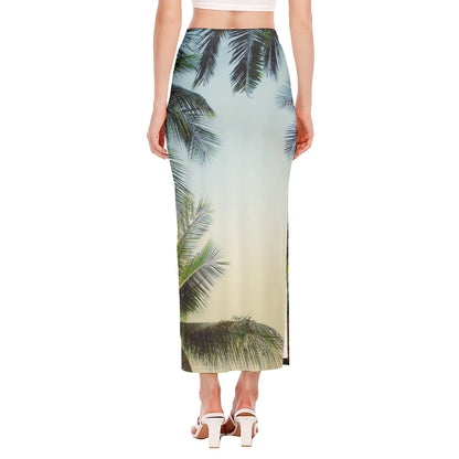 Vintage Coconut Tree Print Side Slit Maxi Skirt