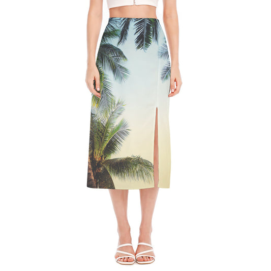 Vintage Coconut Tree Print Side Slit Midi Skirt