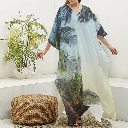 Vintage Coconut Tree Print Silk V-Neck Kaftan Dress