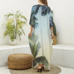 Vintage Coconut Tree Print Silk V-Neck Kaftan Dress