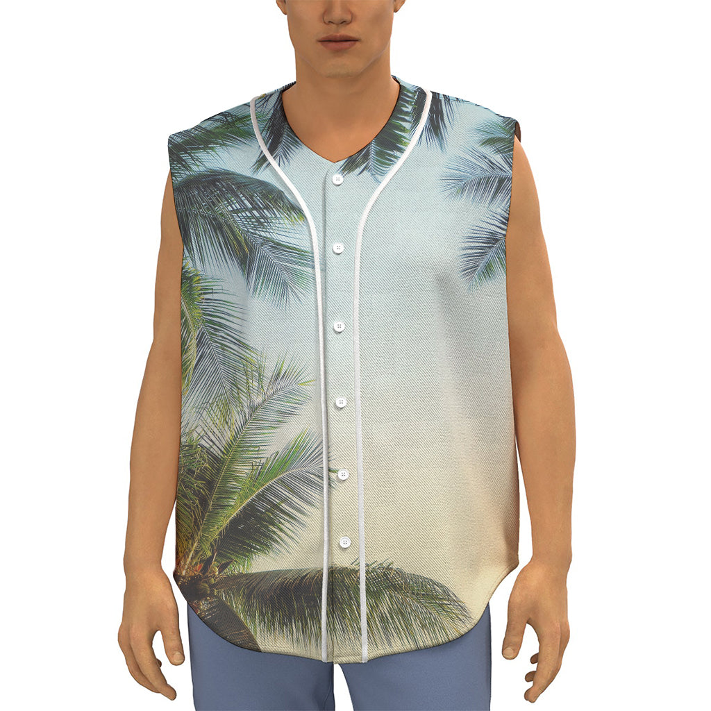 Vintage Coconut Tree Print Sleeveless Baseball Jersey