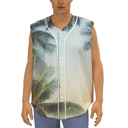 Vintage Coconut Tree Print Sleeveless Baseball Jersey