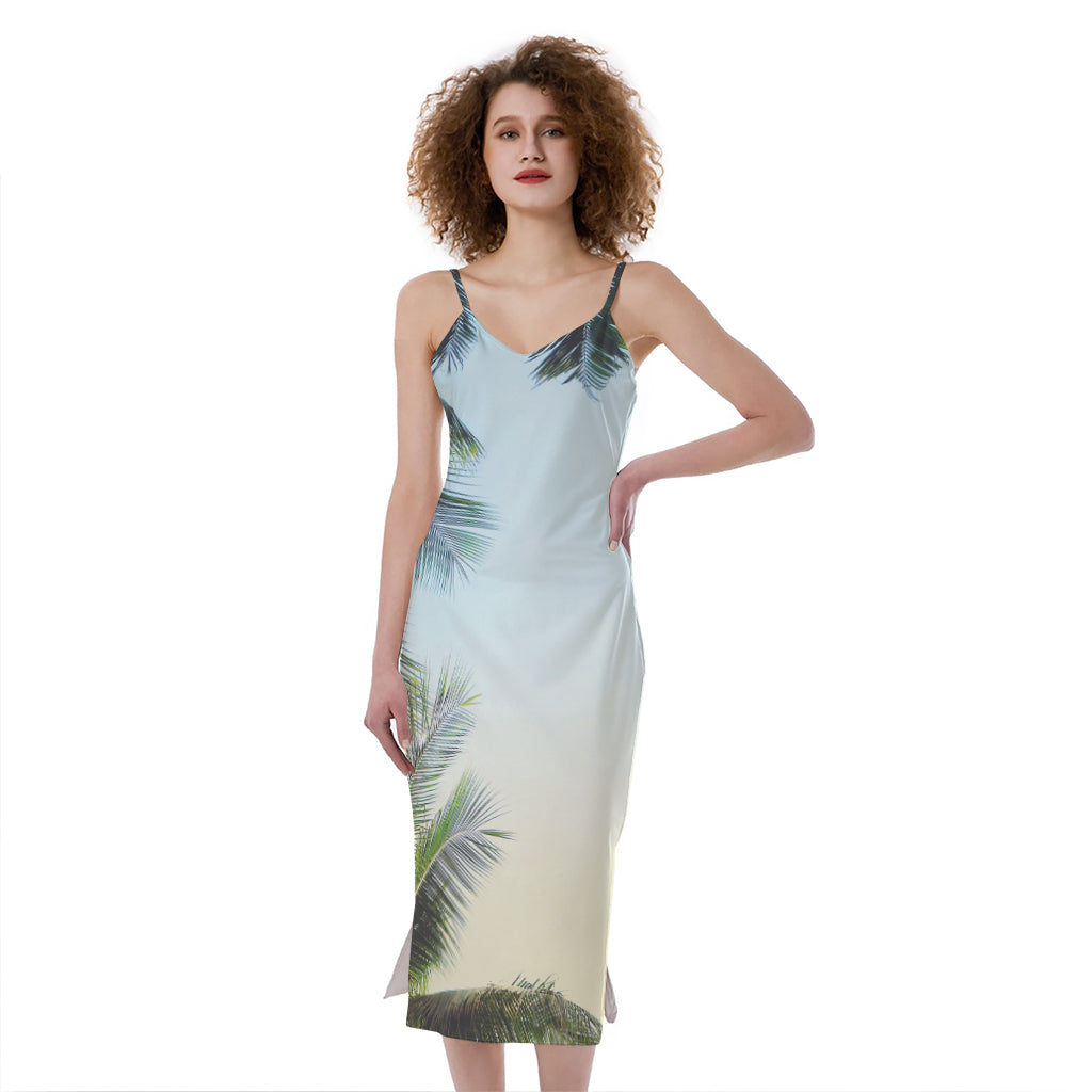 Vintage Coconut Tree Print Slim Fit Midi Cami Dress